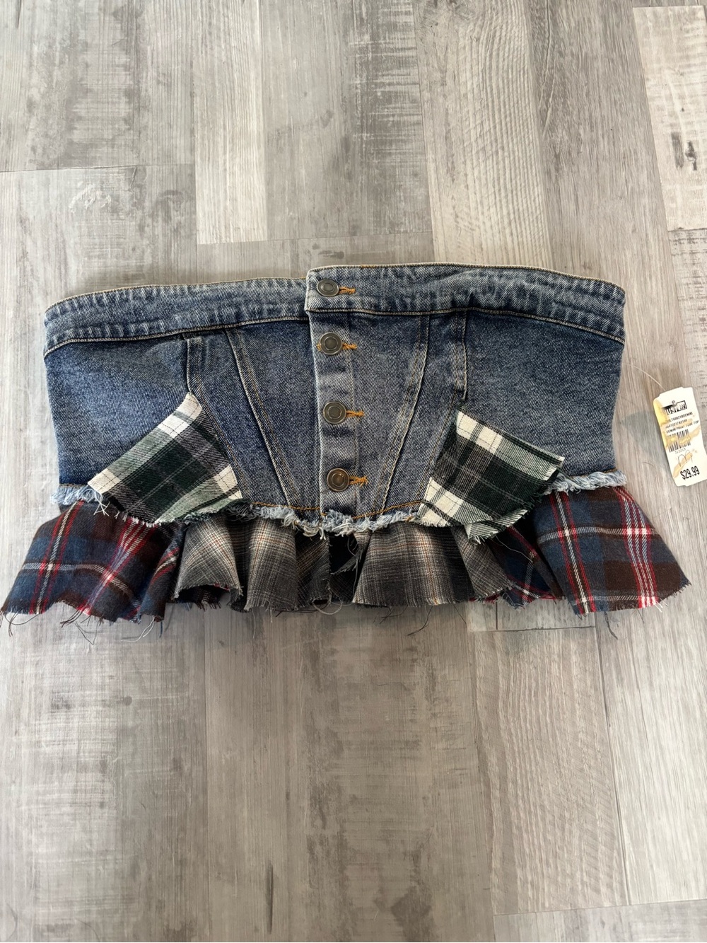 Rehab Lab Denim Plaid‎ Ruffle Crop Top - Flannel Trim